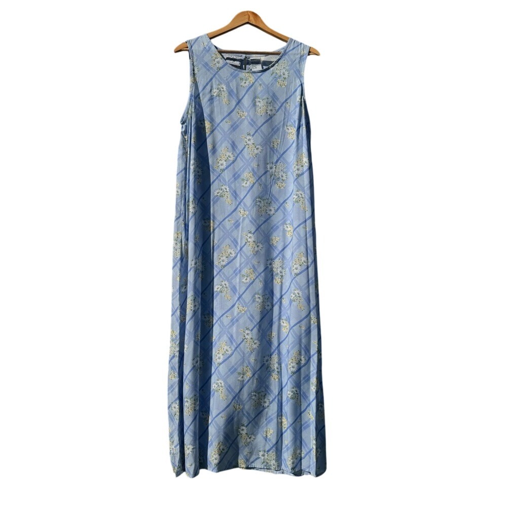Vintageโ Blue Plaid Floral Sleeveless Maxi Dress Cottagecore Shift Dress